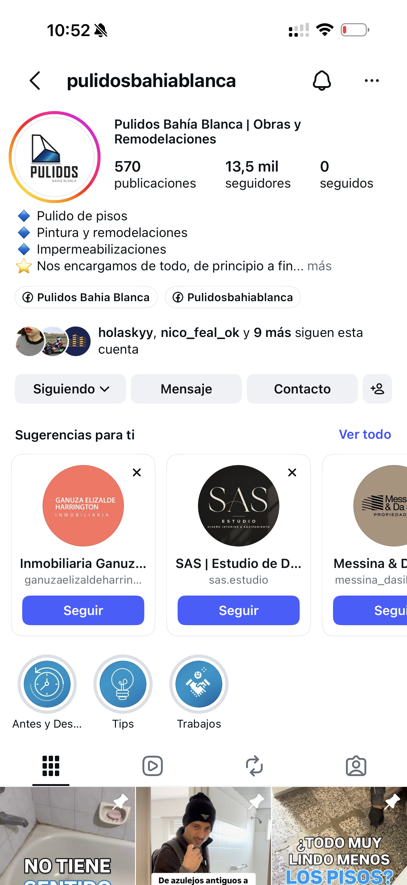 Encabezado del perfil real de Instagram de Pulidos Bahía Blanca